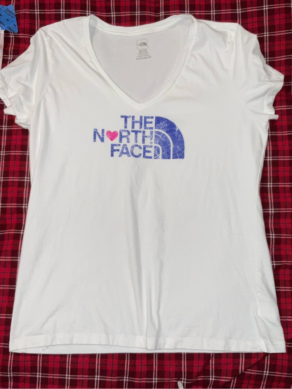 The North Face White V-Neck Tee with Purple Logo and Pink Heart - Picture 4 of 5